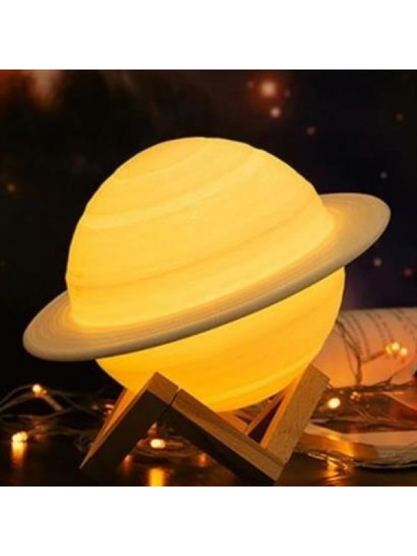 BUFFER® 3D Print Satürn Dokunmatik Gezegen Ahşap Stantlı 3 Renk USB Şarjlı Gece Lambası (Kumandasız)