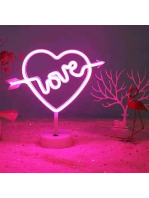 BUFFER® Kalpli Love Yazılı Dekoratif Neon Pilli Led Masa ve Gece Lambası