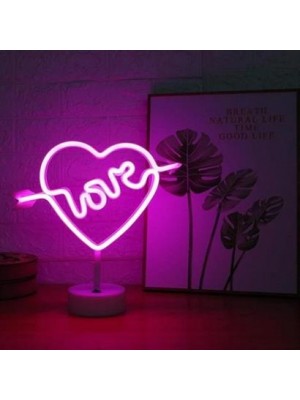 BUFFER® Kalpli Love Yazılı Dekoratif Neon Pilli Led Masa ve Gece Lambası