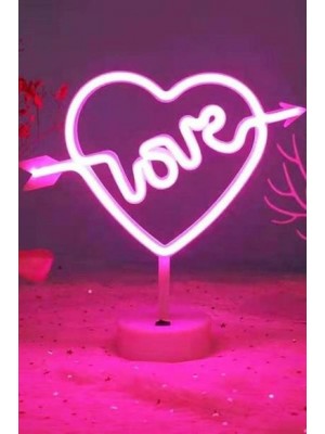 BUFFER® Kalpli Love Yazılı Dekoratif Neon Pilli Led Masa ve Gece Lambası