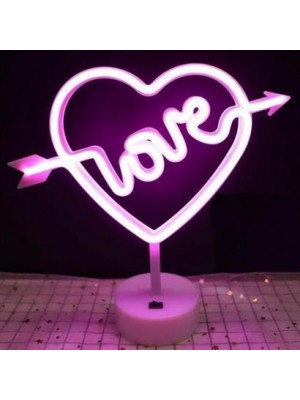 BUFFER® Kalpli Love Yazılı Dekoratif Neon Pilli Led Masa ve Gece Lambası