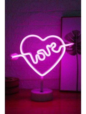 BUFFER® Kalpli Love Yazılı Dekoratif Neon Pilli Led Masa ve Gece Lambası