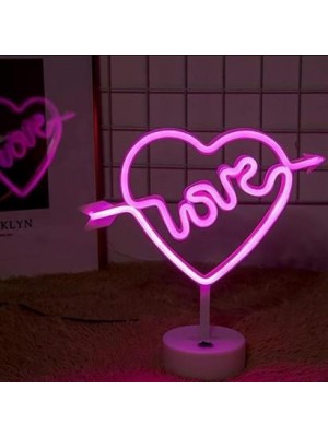 BUFFER® Kalpli Love Yazılı Dekoratif Neon Pilli Led Masa ve Gece Lambası